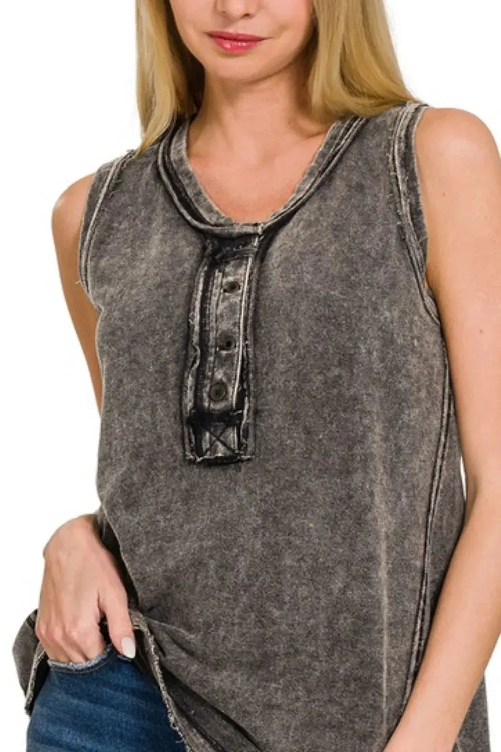 Zenana Washed Half-Button Raw Edge Sleeveless Henley Top - Love Salve